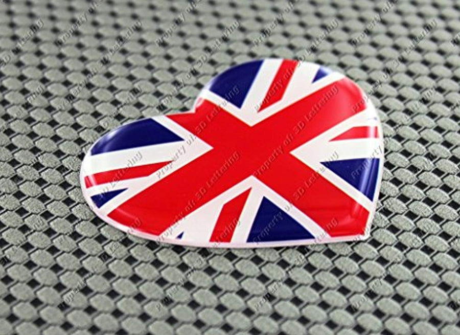 England UK Union Jack Heart Flag Raised Clear Domed Lens Decal 2.65"x 2.25"