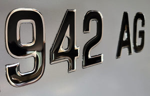 Boat Registration Numbers and Letters Domed 3D Finish Super Wake Font Style 16 PCS (Black Center/Chrome Outline)